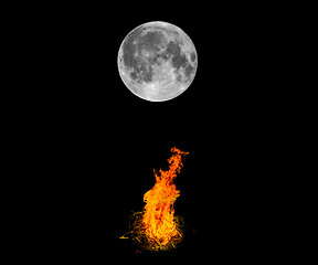 Image showing Moon and bonfire in the night