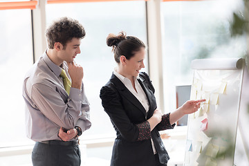 Image showing young couple working on flip board at office