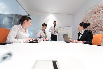 Image showing business people group brainstorming and taking notes to flip boa