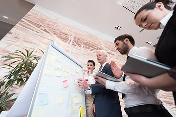 Image showing business people group brainstorming and taking notes to flipboar