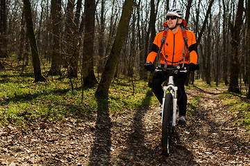 Image showing Mountain biker riding on bike in springforest landscape. 