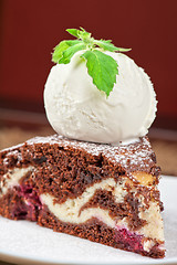 Image showing chocolate cake with jam ice cream