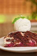 Image showing chocolate cake with jam ice cream