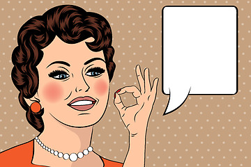 Image showing pop art cute retro woman in comics style with OK sign