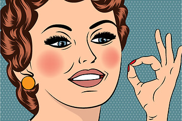 Image showing pop art cute retro woman in comics style with OK sign