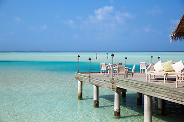 Image showing outdoor restaurant terrace with furniture over sea