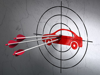 Image showing Vacation concept: arrows in Car target on wall background