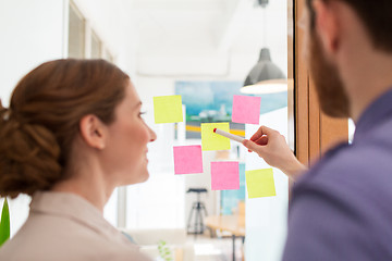 Image showing creative team with stickers on glass at office