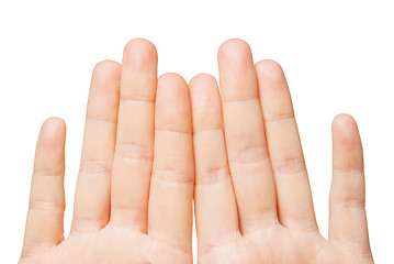 Image showing close up of hands showing eight fingers