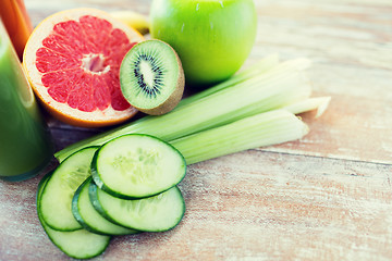 Image showing close up of ripe fruits and vegetables on table