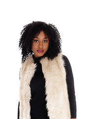 Image showing Closeup African American woman in fur coat.