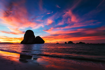 Image showing Sunset on Pranang beach. Railay, Krabi, Thailand