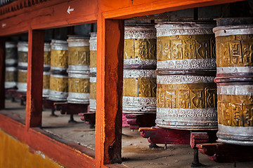 Image showing Buddhist prayer wheels in Hemis monstery, Ladakh