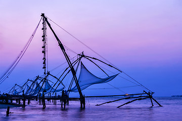 Image showing Chinese fishnets on sunset. Kochi, Kerala, India