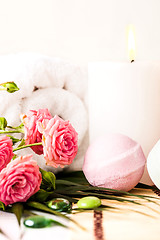 Image showing Spa setting with pink roses and aroma oil, vintage style 