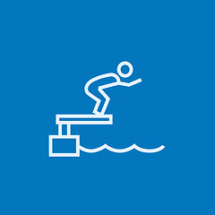 Image showing Swimmer jumping from starting block in pool line icon.