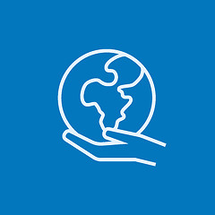 Image showing Hand holding the Earth line icon.