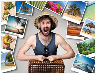 Image showing Young, attractive man wtih suitcase ready to travel as tourist on gray background. Collage