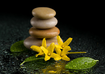 Image showing balancing zen stones on black with yellow flower