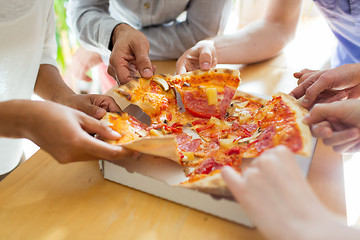 Image showing close up of friends or people eating pizza