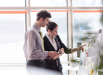 Image showing young couple working on flip board at office