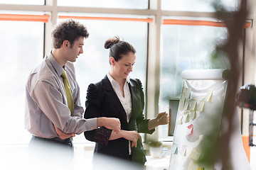 Image showing young couple working on flip board at office