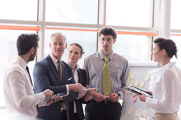 Image showing young startup businessman making presentation to senior investio