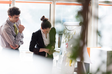 Image showing young couple working on flip board at office