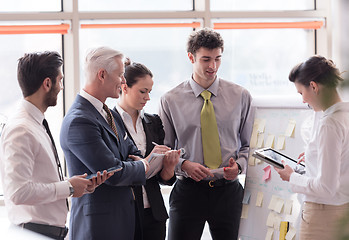 Image showing young startup businessman making presentation to senior investio