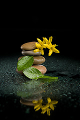 Image showing balancing zen stones on black with yellow flower