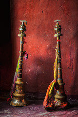 Image showing Buddhist prayer horns in Tibetan monastery