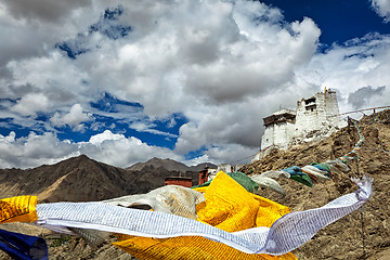 Image showing Leh gompa and lungta prayer flags, Ladakh