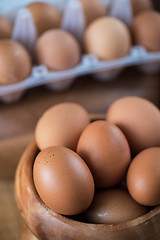 Image showing Fresh eggs at wooden plate 