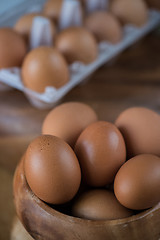 Image showing Fresh eggs at wooden plate 