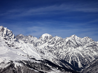 Image showing Snowy mountains in wind sunny day