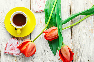 Image showing Morning tea and tulips