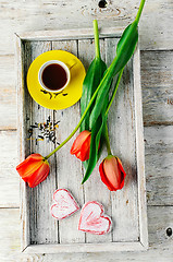 Image showing Morning tea and tulips