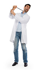 Image showing Humorous portrait of a young depressed suicidal surgeon with a s