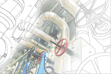 Image showing wireframe computer cad design of pipelines for modern industrial