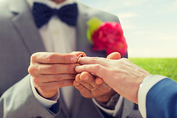 Image showing close up of male gay couple hands and wedding ring