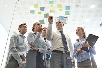 Image showing smiling business people with marker and stickers