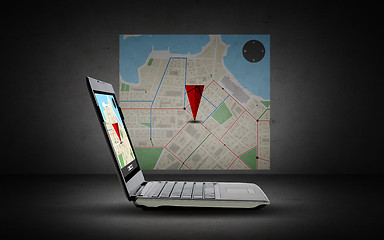 Image showing laptop computer with gps navigator map on screen