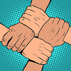 Image showing White black solidarity handshake stop racism pop art retro style