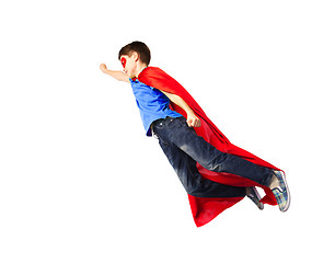 Image showing boy in red superhero cape and mask flying on air