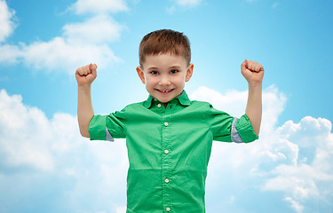 Image showing happy smiling little boy with raised hand