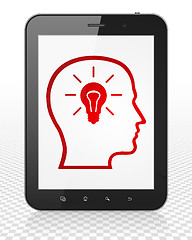 Image showing Advertising concept: Tablet Pc Computer with Head With Lightbulb on display