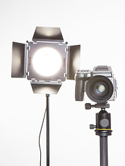 Image showing medium format  proffesional camera and studio light with barn doors