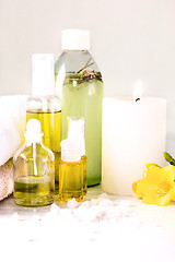 Image showing Spa setting with aroma oil, vintage style 