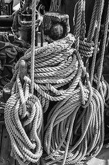 Image showing Blocks and rigging at the old sailboat, close-up