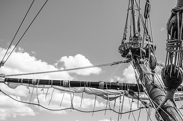 Image showing Mast with sails of an old sailing vessel, black and white photo